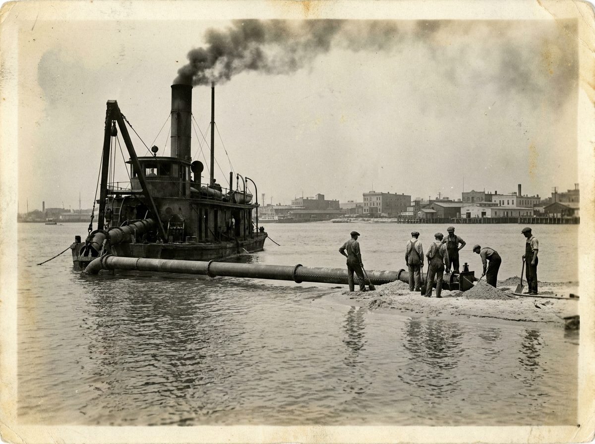 Steam dredge building Davis Islands, 1924